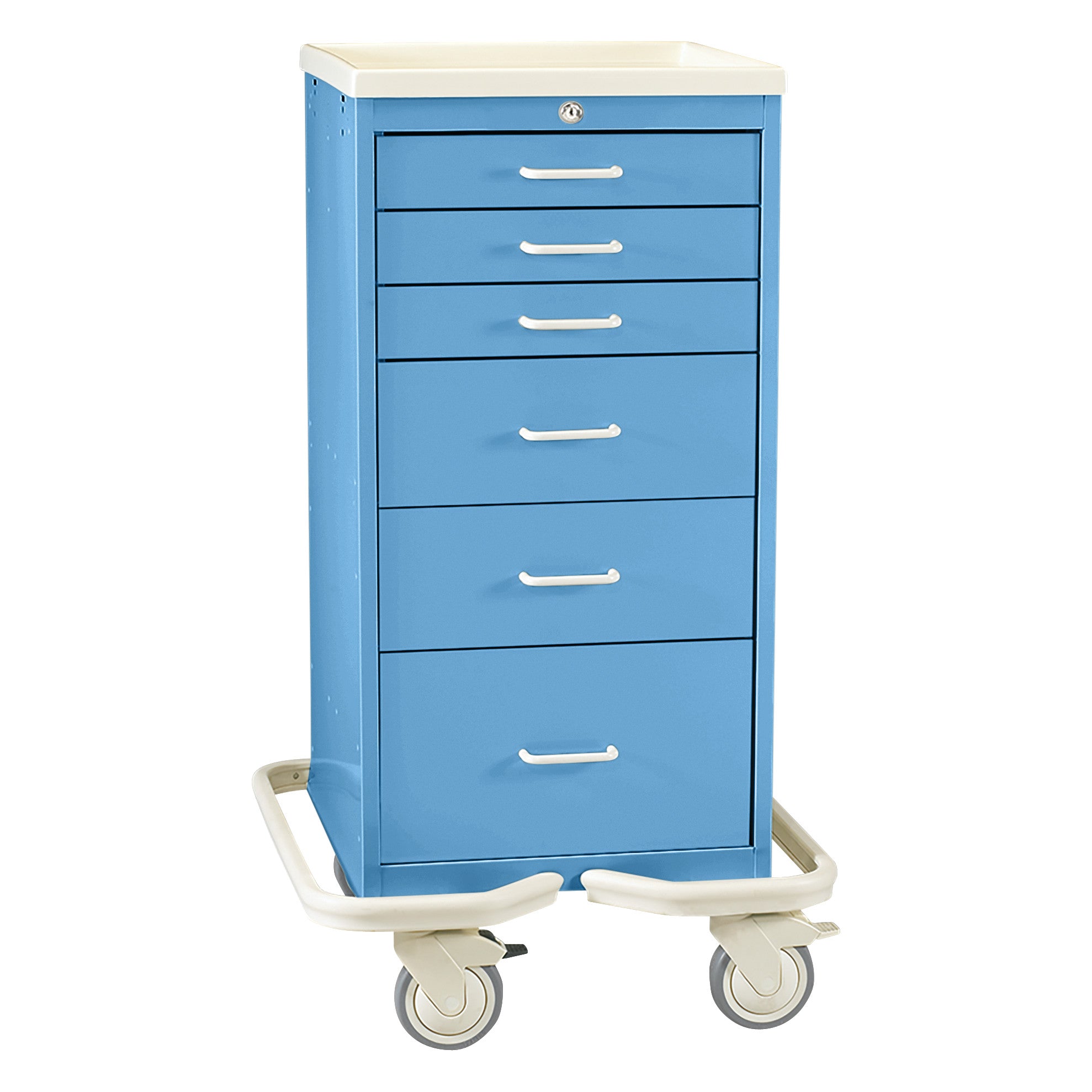Blue "AliMed Mini Series 6-Drawer Anesthesia/Procedure Tower Cart" with a key lock, featuring six drawers and swivel casters.