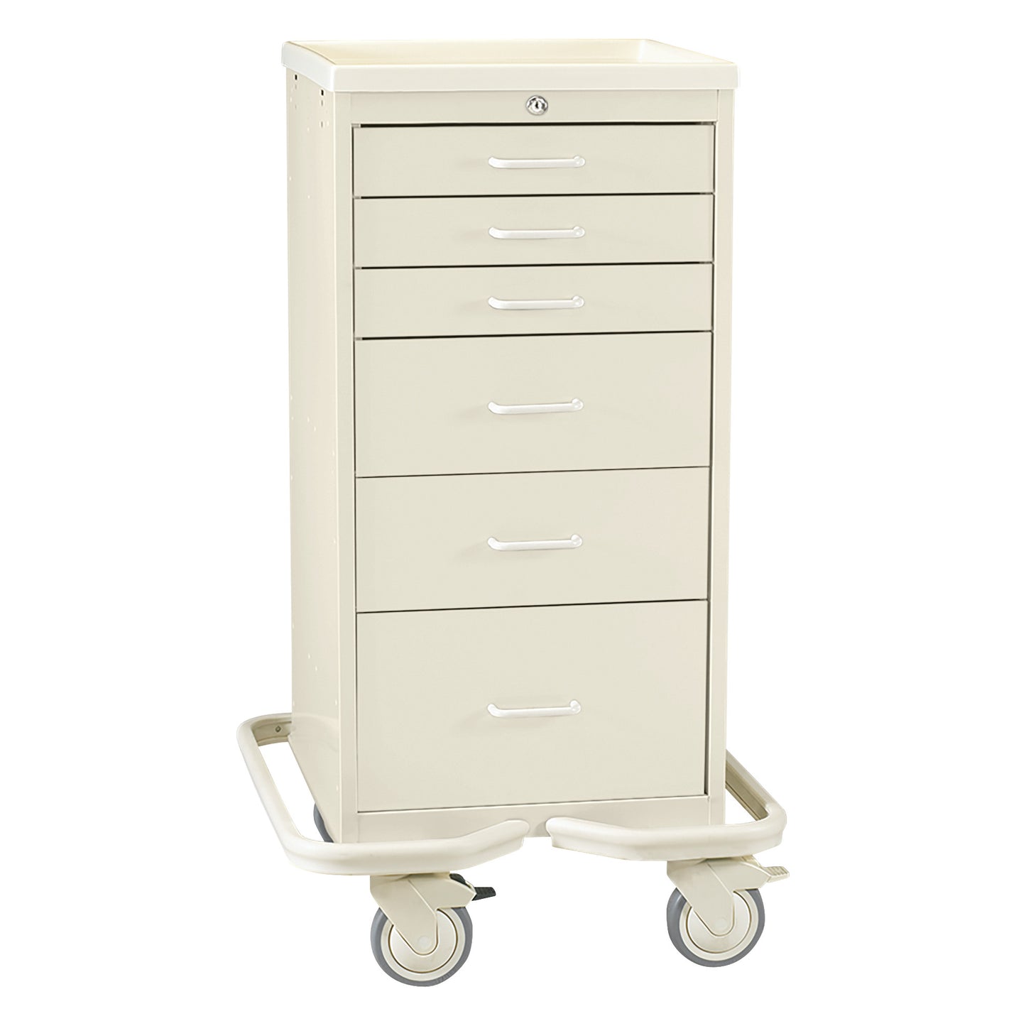 A beige AliMed Mini Series 6-Drawer Anesthesia/Procedure Tower Cart with Key Lock, featuring wheels and a handle for mobility.