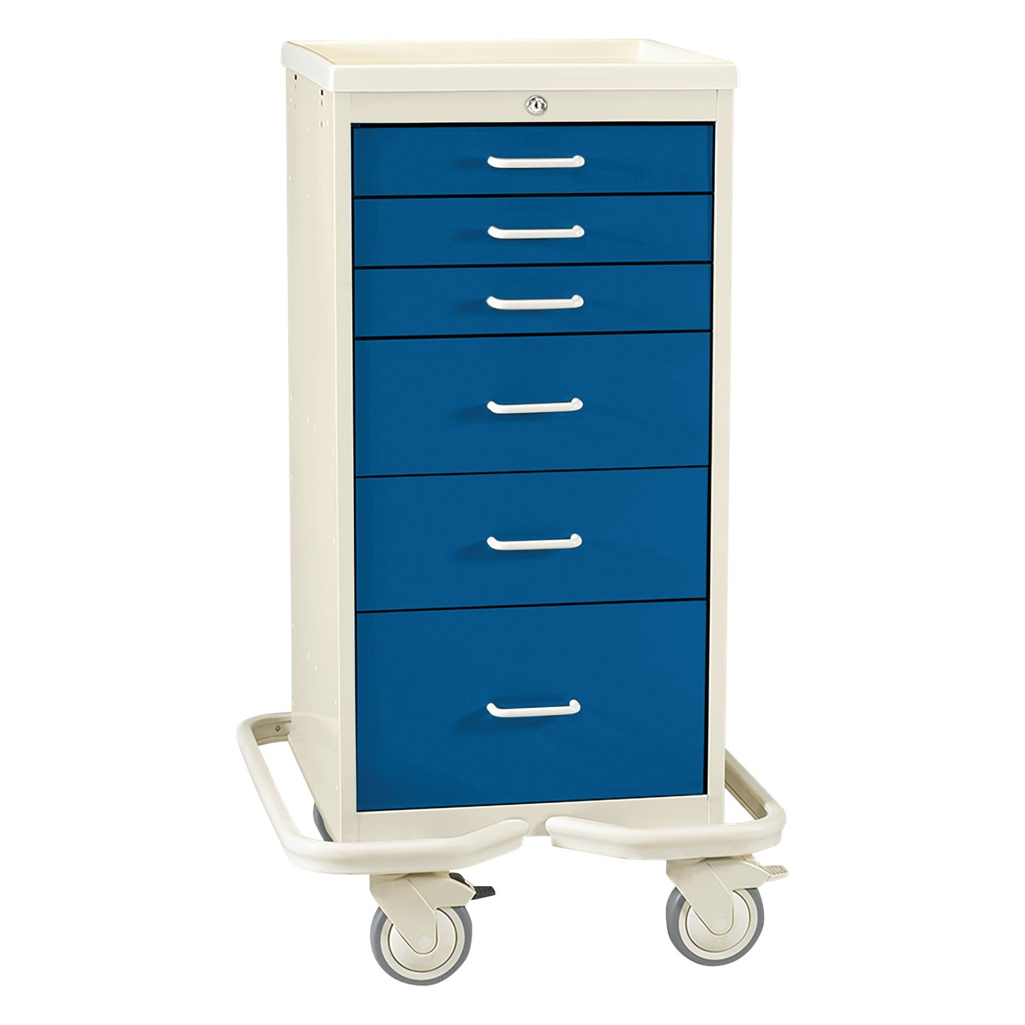 AliMed Mini Series 6-Drawer Anesthesia/Procedure Tower Cart with Key Lock, featuring blue drawers and white frame with wheels.