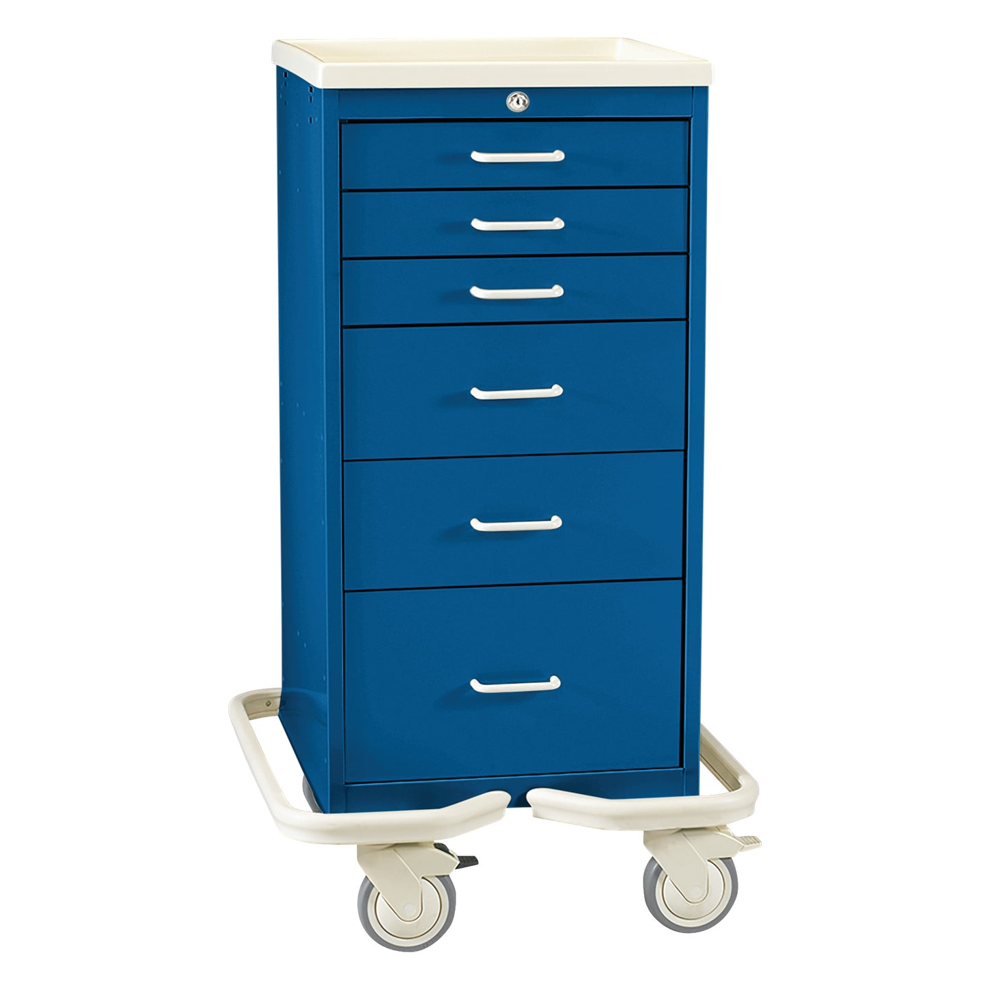 The AliMed Mini Series 6-Drawer Anesthesia/Procedure Tower Cart has a blue cabinet, white handles, and a key lock, with wheels.