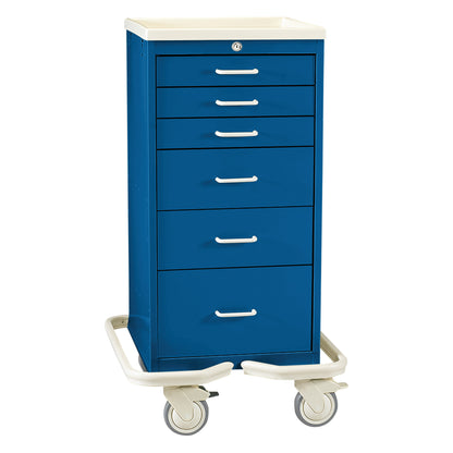 The AliMed Mini Series 6-Drawer Anesthesia/Procedure Tower Cart has a blue cabinet, white handles, and a key lock, with wheels.