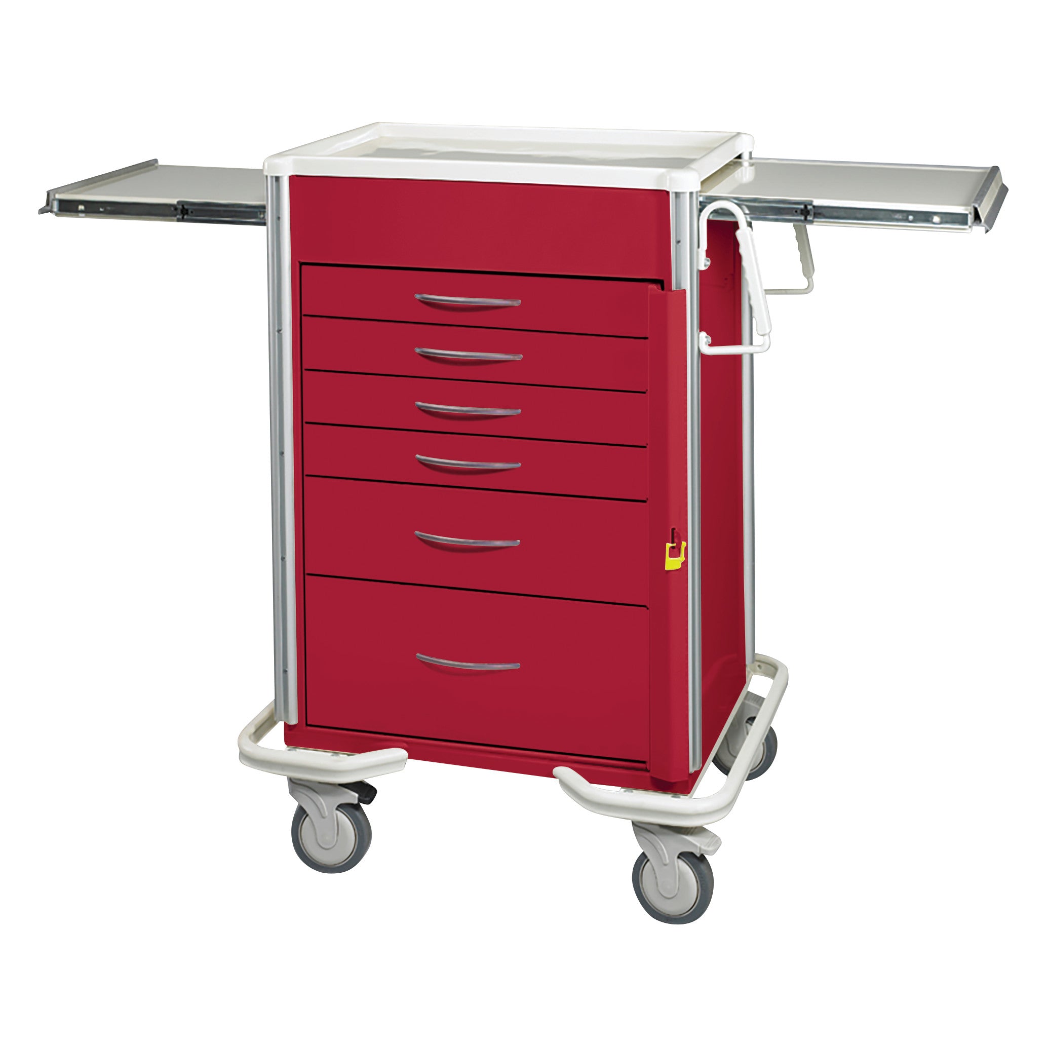 Red AliMed Select Series 6-Drawer Emergency Cart with 27" drawer space and side trays, on swivel casters.