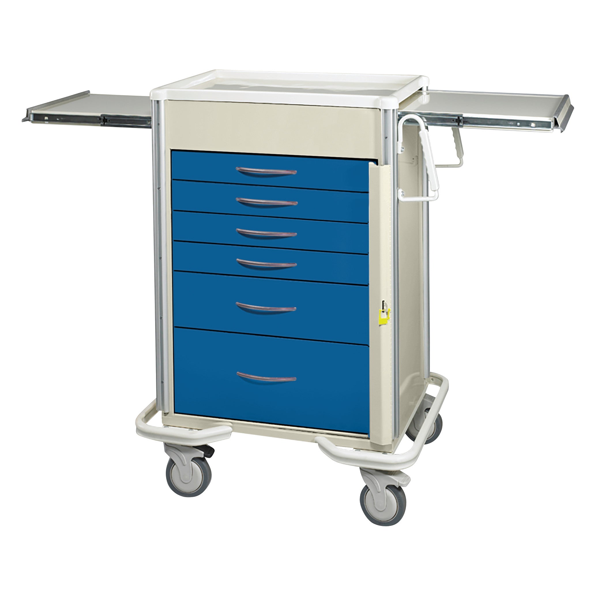 AliMed Select Series 6-Drawer Emergency Cart with 27" drawer space, featuring blue drawers, side handles, and swivel wheels.