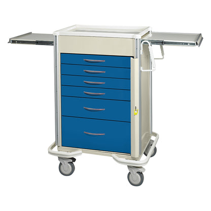 AliMed Select Series 6-Drawer Emergency Cart with 27" drawer space, featuring blue drawers, side handles, and swivel wheels.