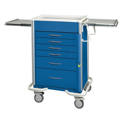 Blue AliMed Select Series 6-Drawer Emergency Cart with 27" drawer space, featuring wheels and extendable side trays.