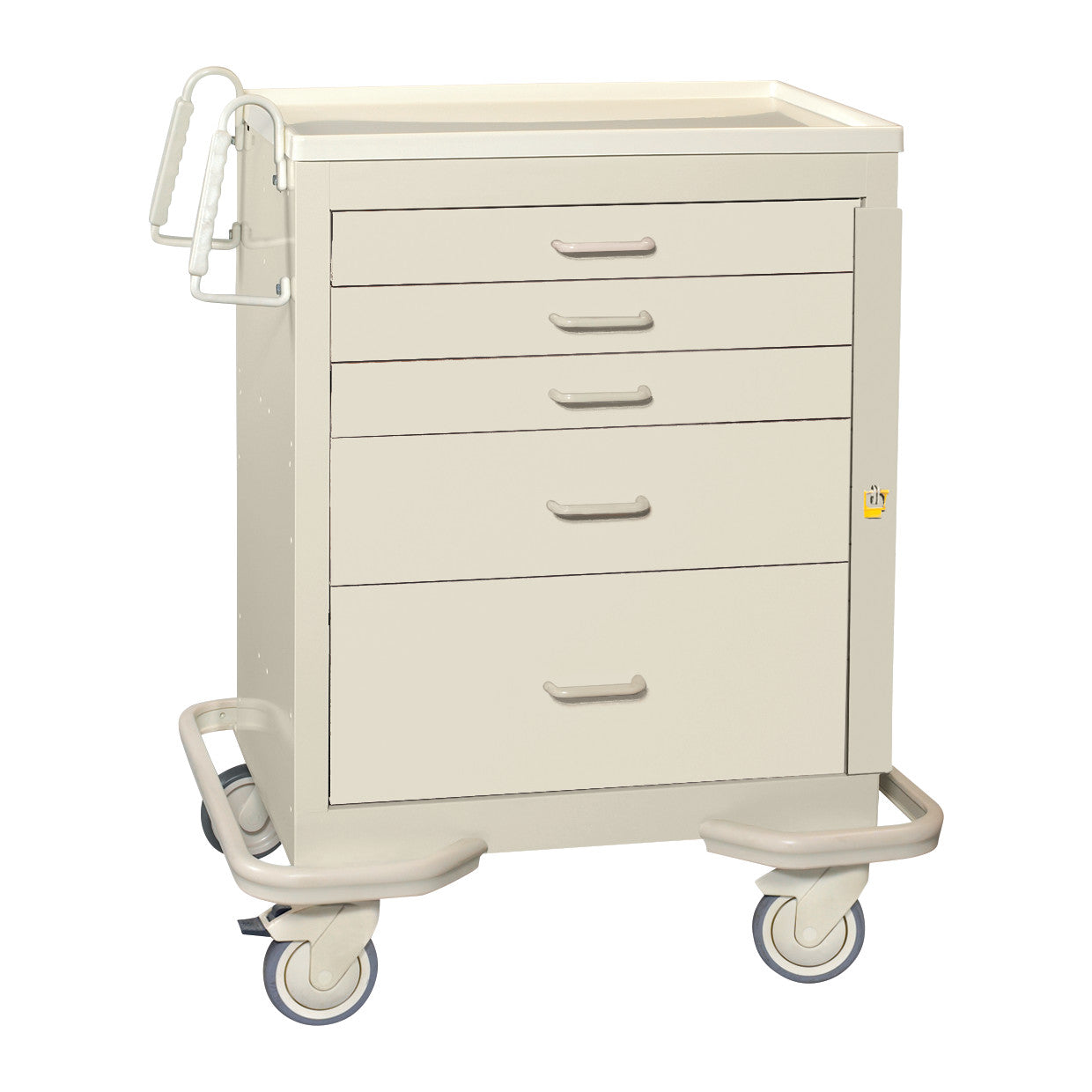 AliMed Standard Series 5-Drawer Emergency Cart, beige with five drawers and wheels, featuring a side rail.