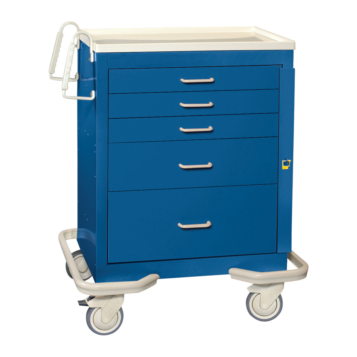AliMed Standard Series 5-Drawer Emergency Cart in blue with white handles, on wheels, and featuring a white top and side railing.