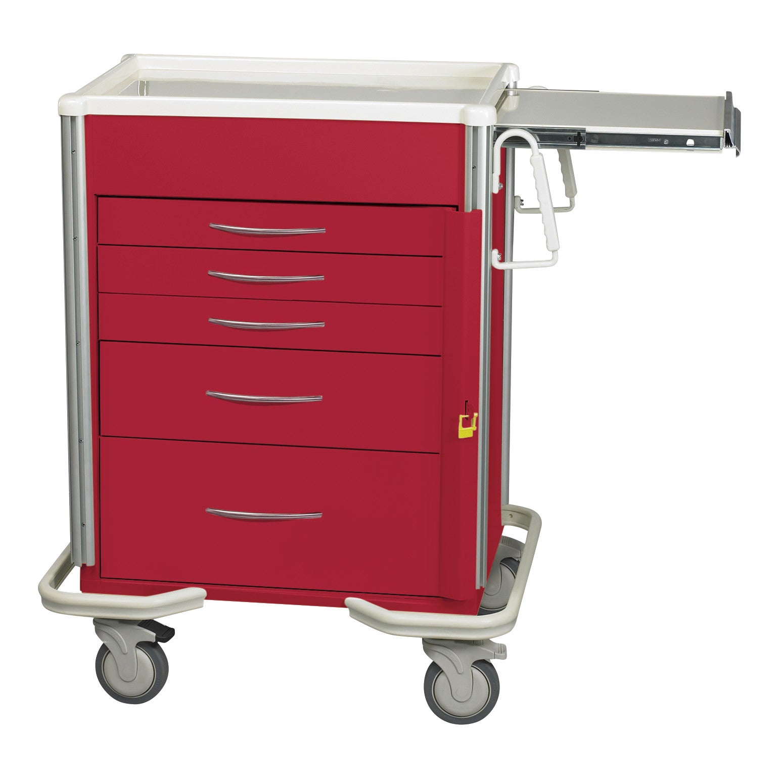 The AliMed Select Series 5-Drawer Emergency Cart is red with a white top, features five drawers, wheels, and a fold-out shelf.