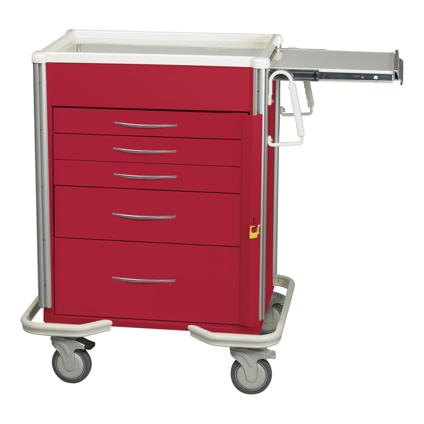 The AliMed Select Series 5-Drawer Emergency Cart is red with a white top, features five drawers, wheels, and a fold-out shelf.