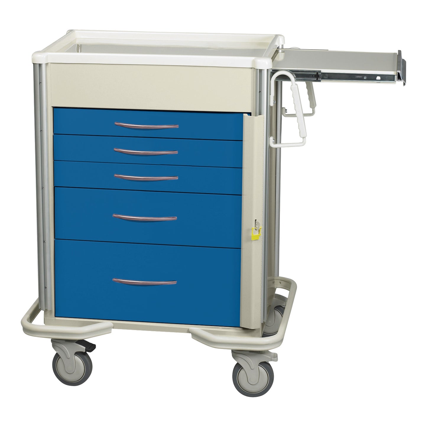 The AliMed Select Series 5-Drawer Emergency Cart features blue drawers, a beige frame, and wheels, with a side shelf extended.