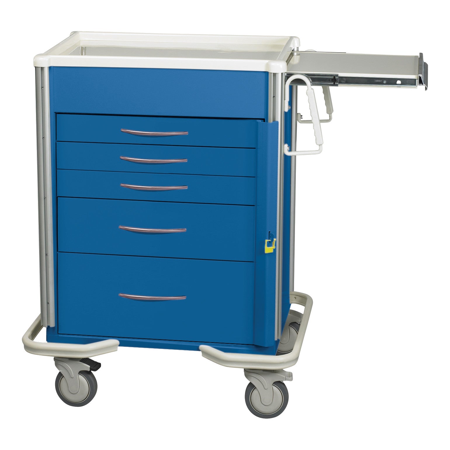 AliMed Select Series 5-Drawer Emergency Cart in blue with a side tray and handles. It has smooth-rolling casters and five drawers.