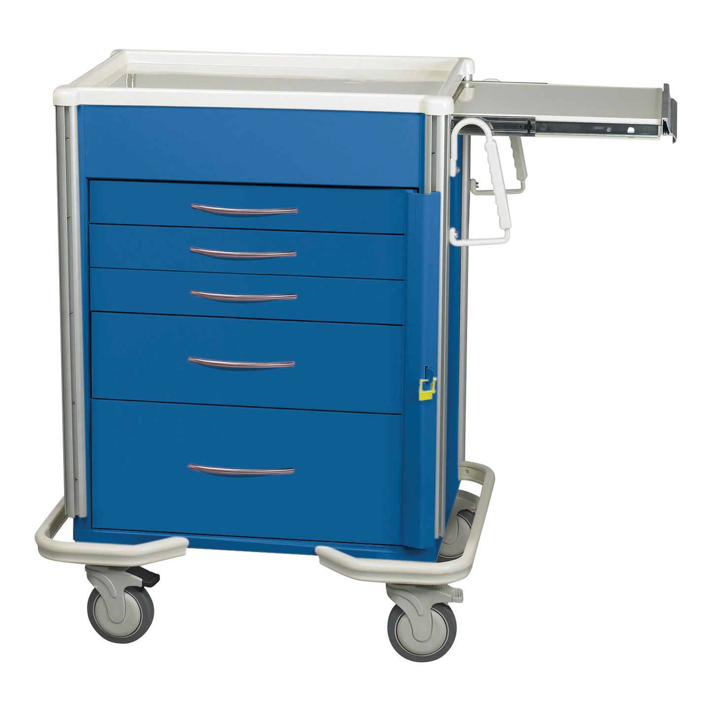 AliMed Select Series 5-Drawer Emergency Cart in blue with a side tray and handles. It has smooth-rolling casters and five drawers.