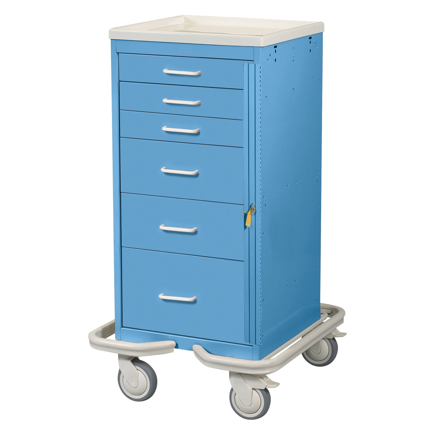 Blue AliMed Mini Series 6-Drawer Emergency Tower Cart with white top, gray handles, and wheels on a sturdy base.