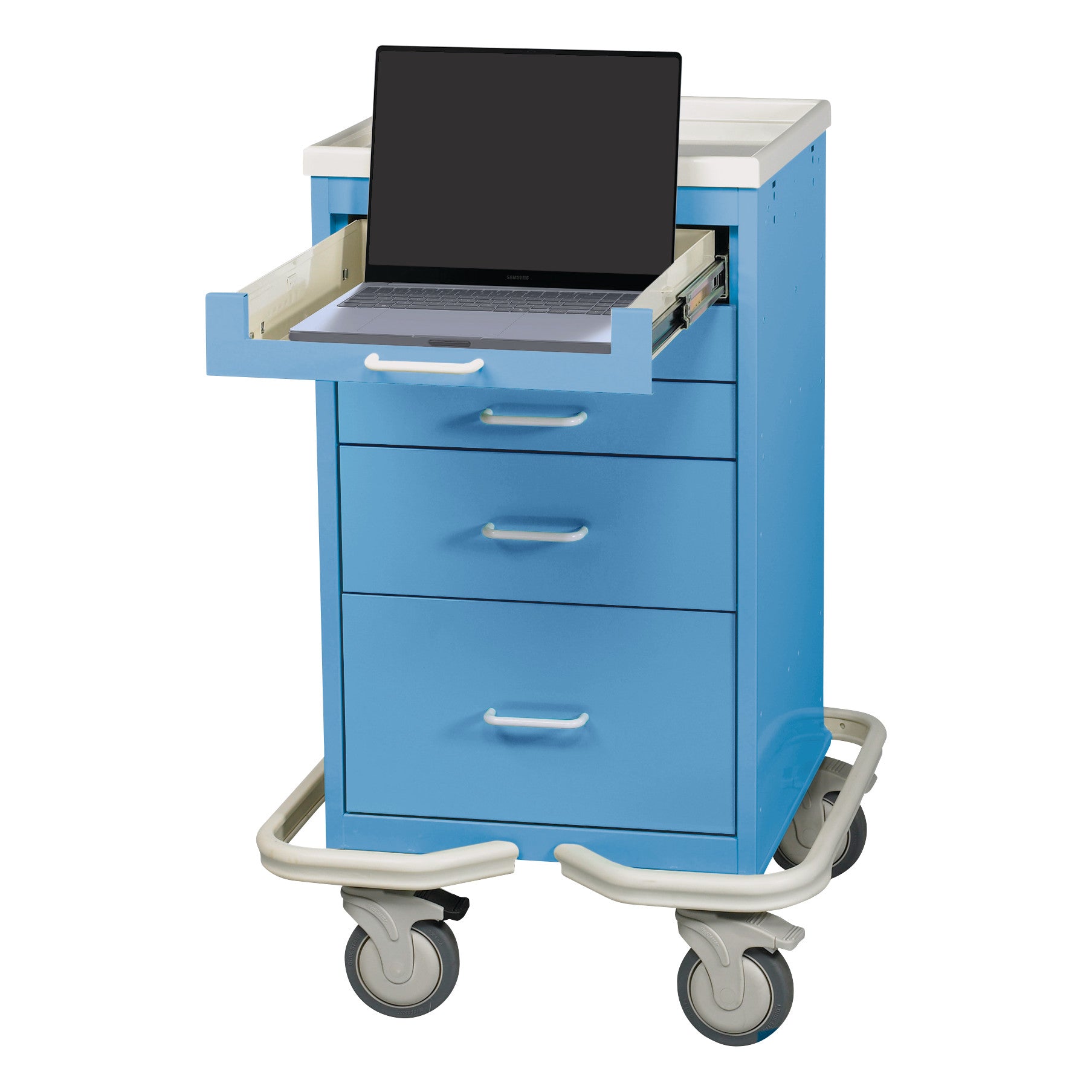 AliMed Mini Series 5-Drawer Computer Tower Cart, blue, with wheels and a laptop on an open top drawer, shown in white background.