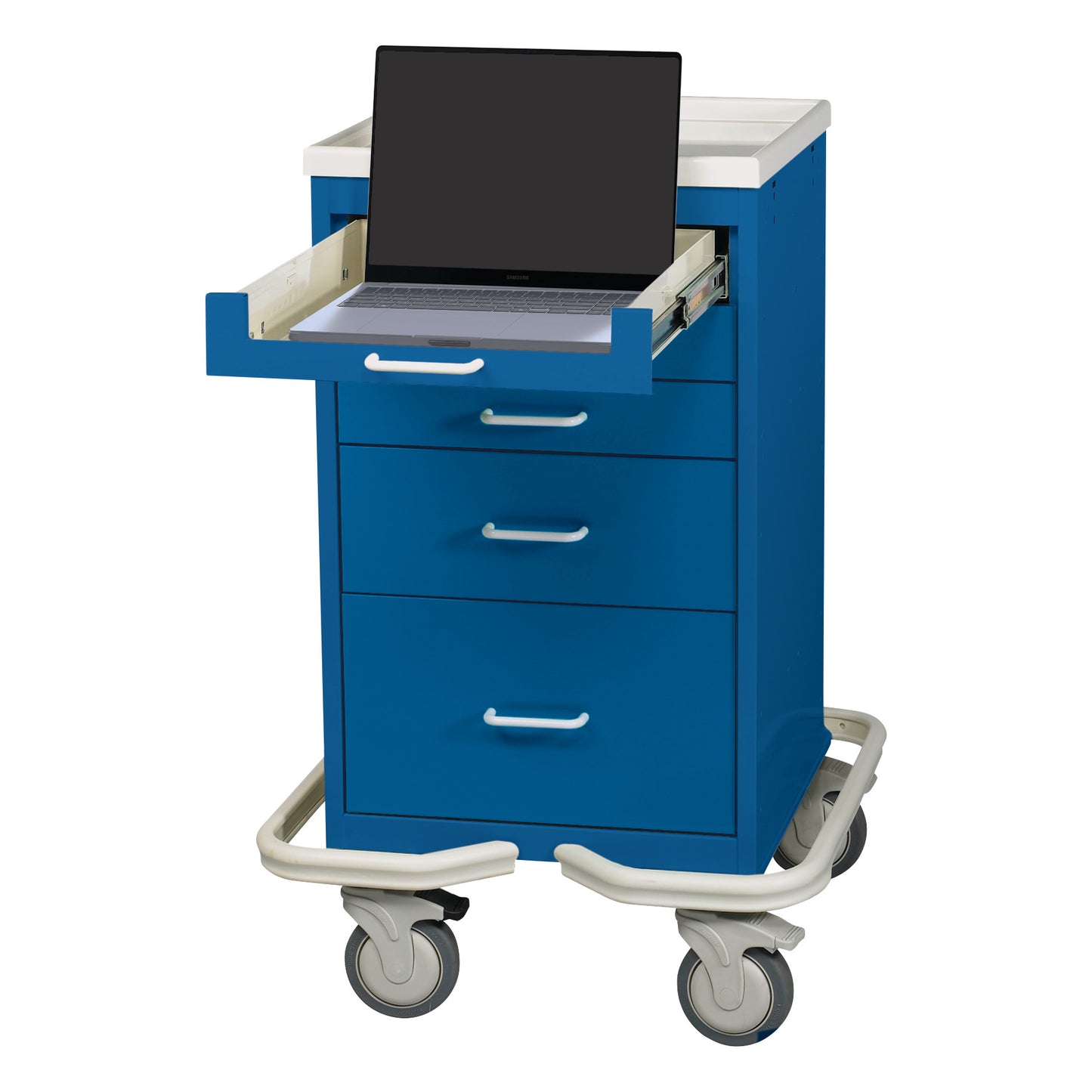 AliMed Mini Series 5-Drawer Computer Tower Cart in blue, with a laptop on a pull-out shelf. It has three drawers and wheels.