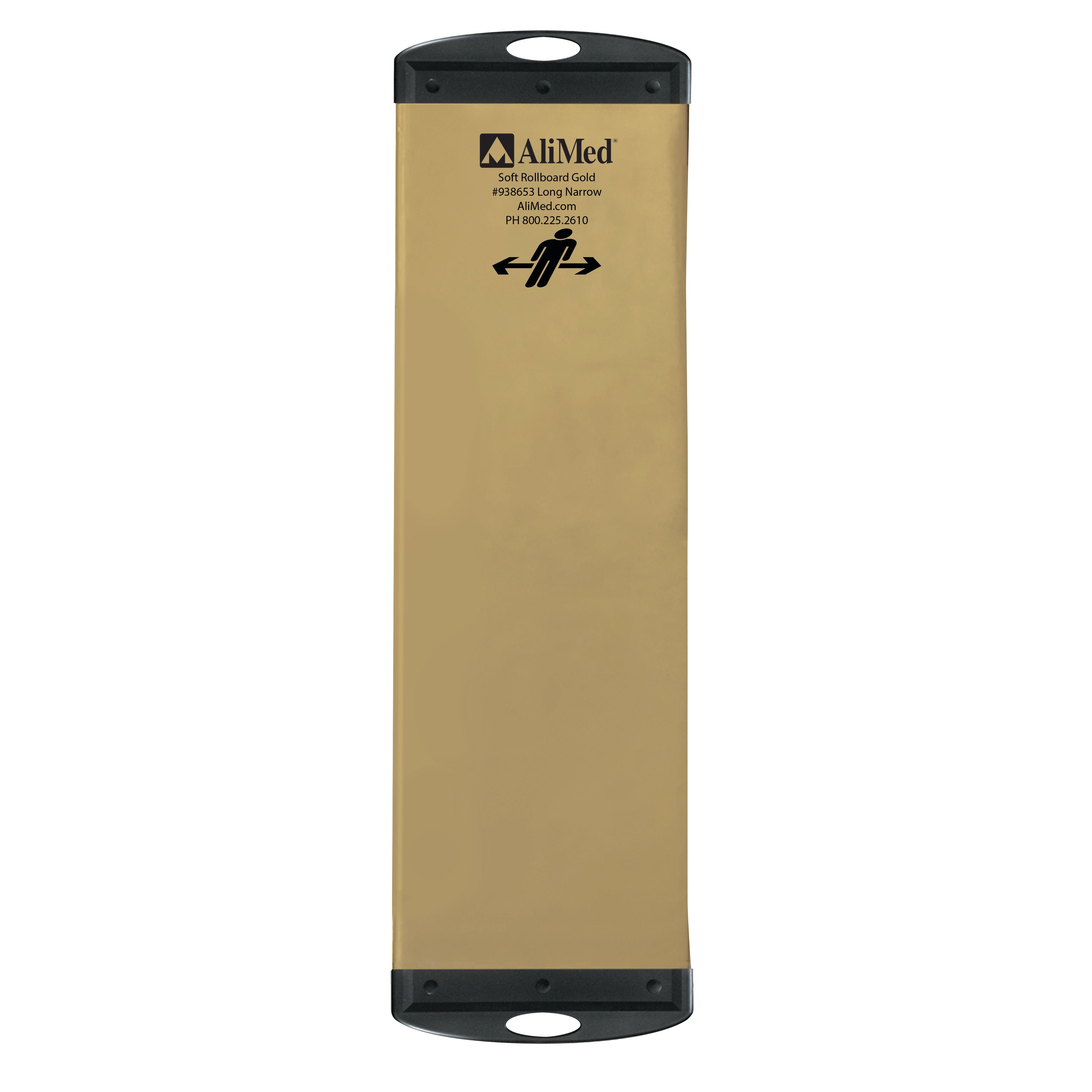 AliMed Soft Gold Rollboard shown vertically. It has a tan surface with black handles on each end and printed text at the top.