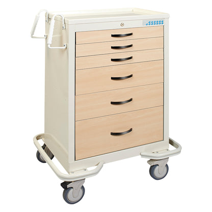 AliMed Standard Series 6-Drawer Wood-Look Medical Cart with attached handles and large wheels for mobility is shown.