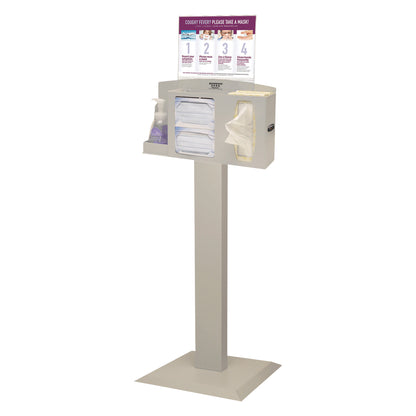 The Bowman Basic Free-Standing Hygiene System includes a sanitizer dispenser, face masks, and tissue holder on a metal stand.