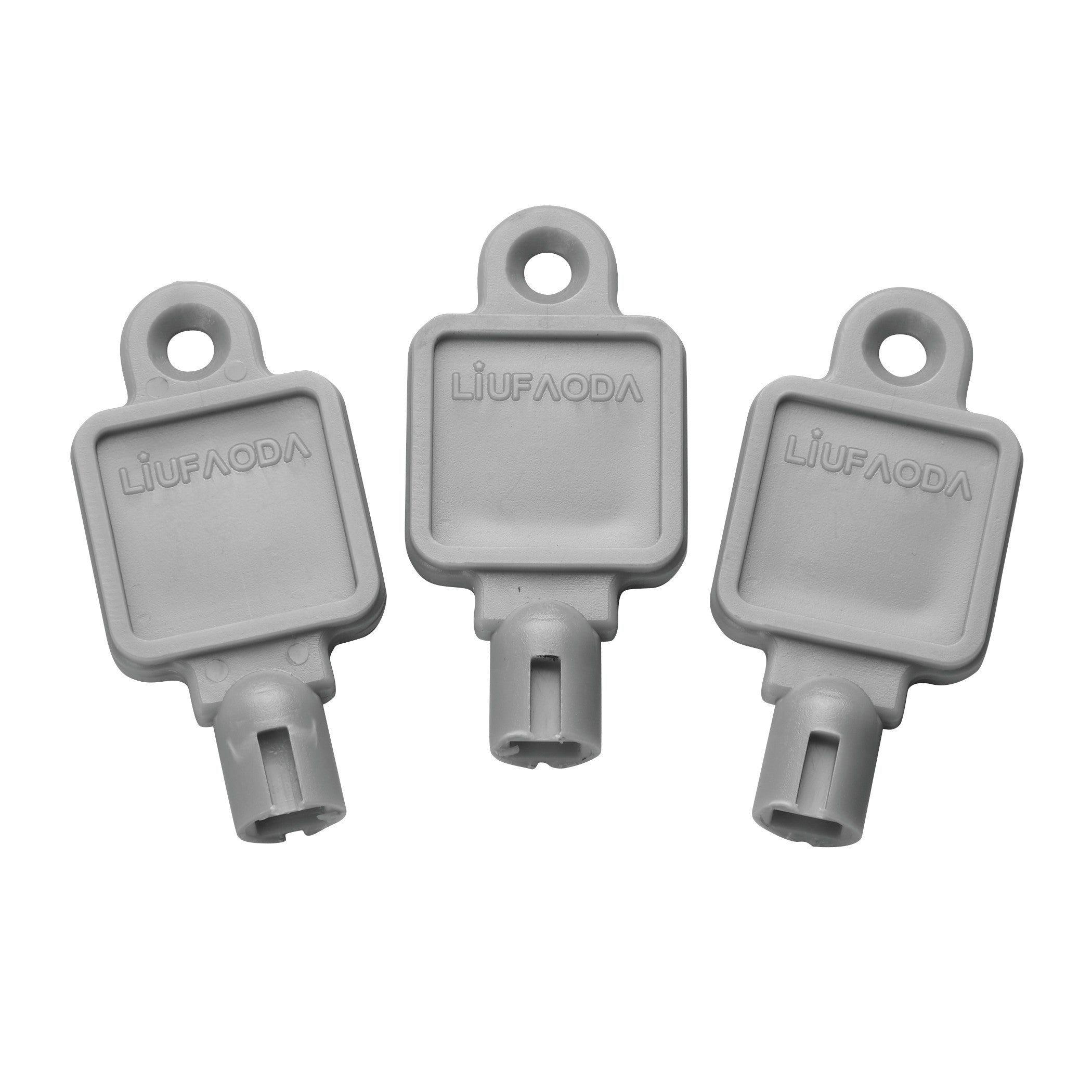 Three gray replacement keys for the AliMed AliStrap Dispenser are shown with the brand name "LIUFAODA" embossed on them.