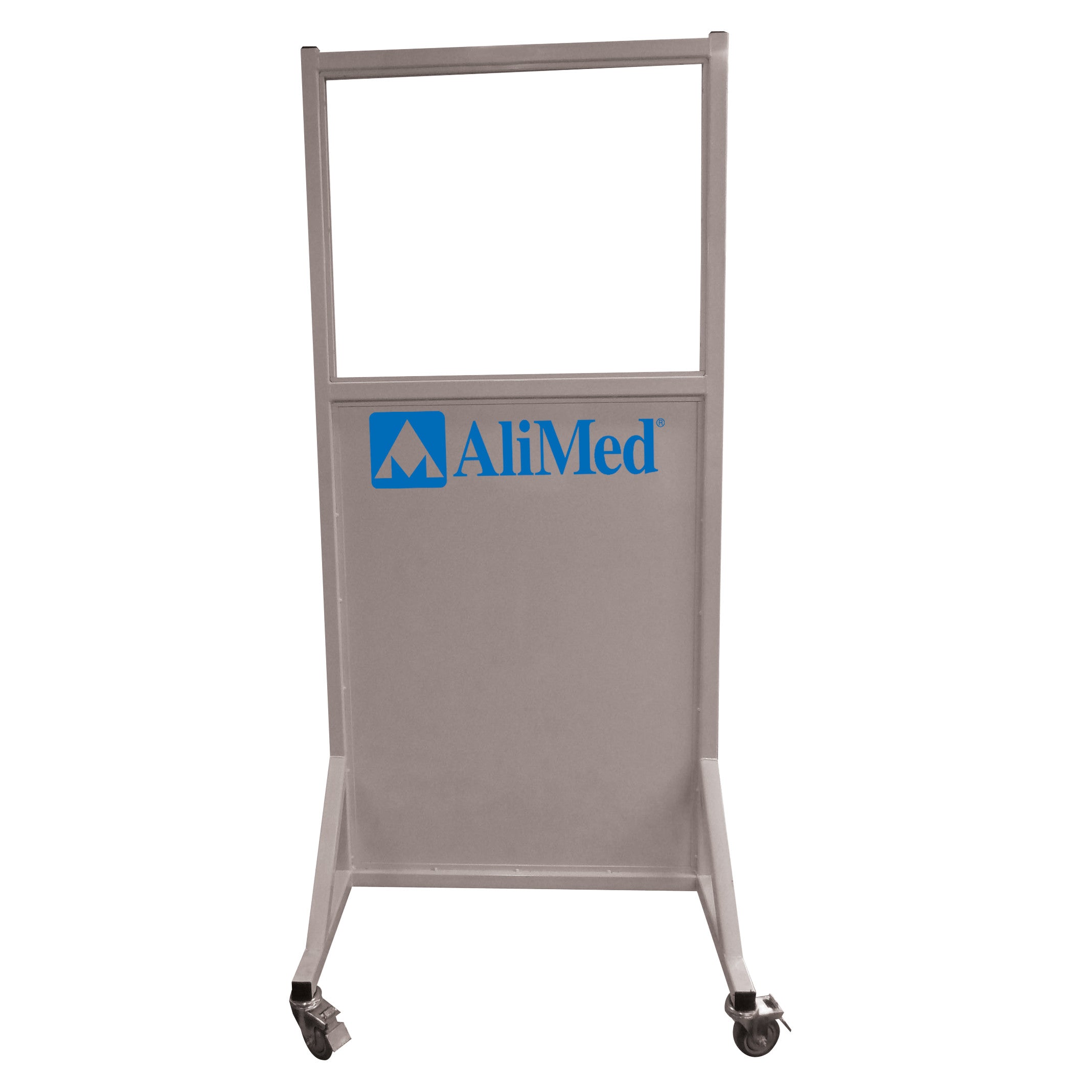 AliMed Mobile Leaded Glass Barrier with a clear top section and solid bottom, featuring casters for mobility.