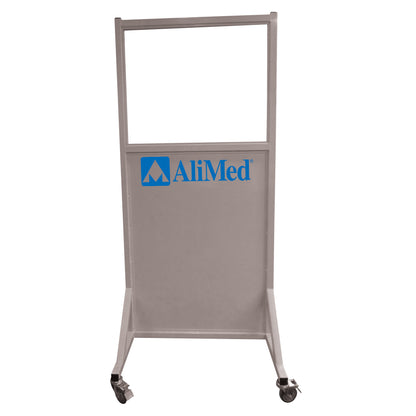AliMed Mobile Leaded Glass Barrier with a clear top section and solid bottom, featuring casters for mobility.