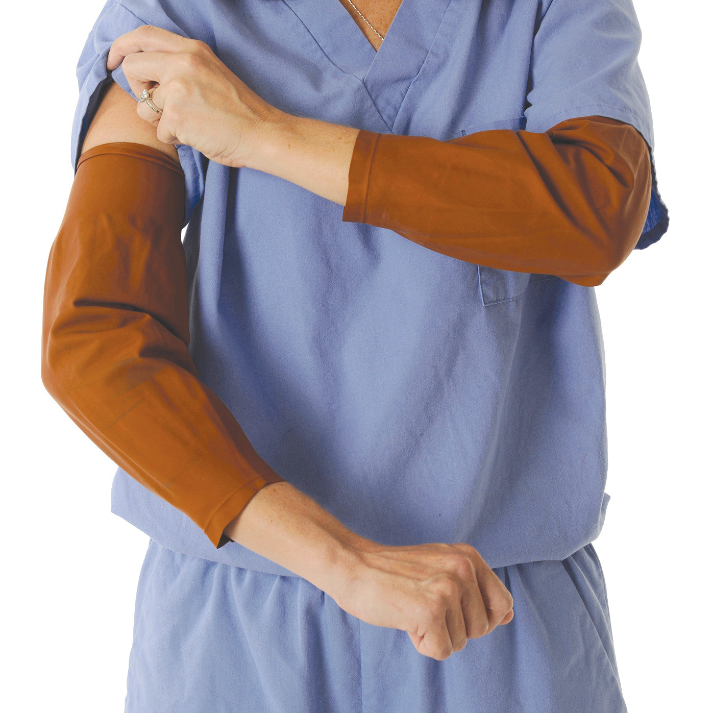 A person wears brown XGuard Radiation-Reducing Sleeves over blue scrubs, adjusting the sleeve on their upper arm.
