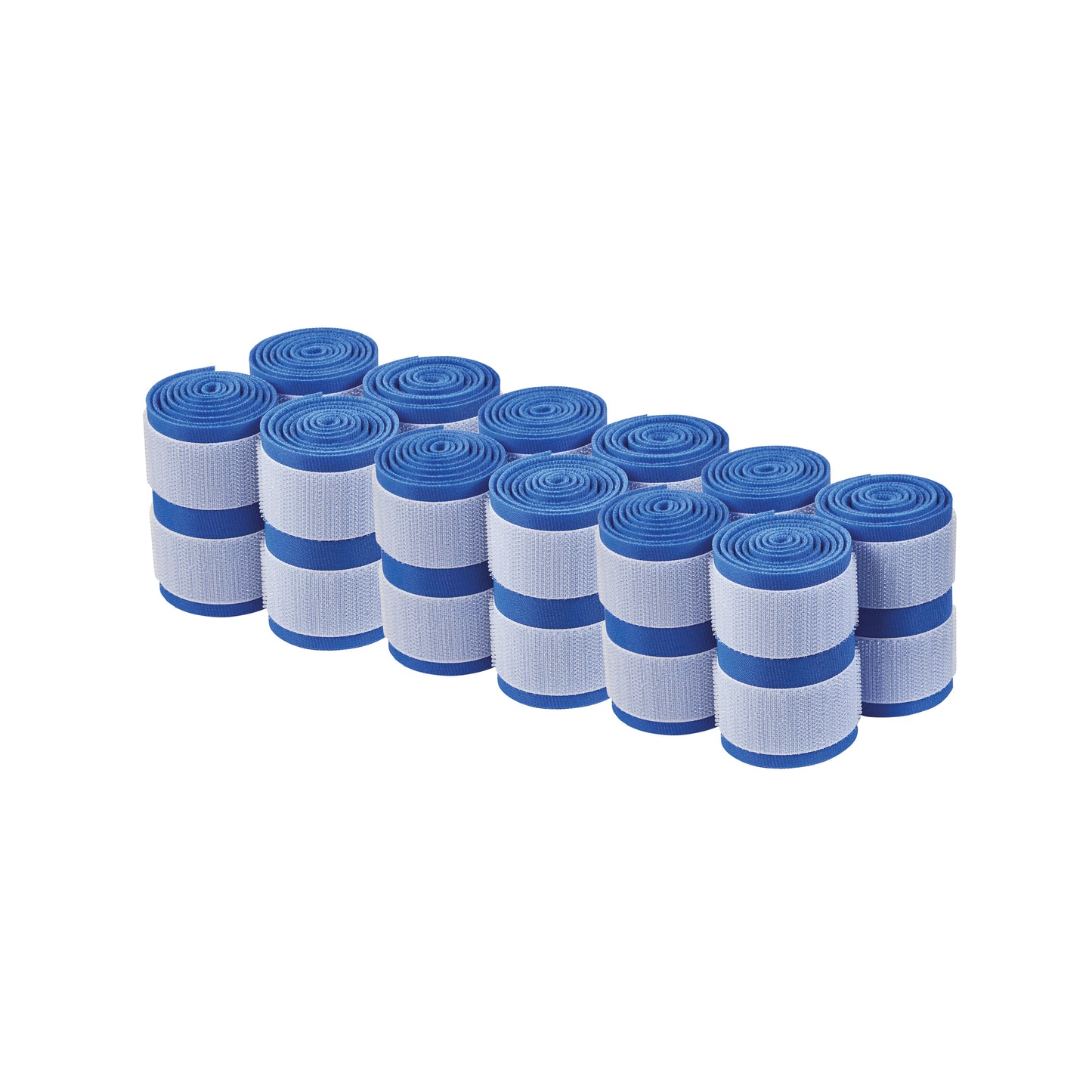 Several rolls of AliMed AliStrap Precut Patient Safety Straps in blue and white are neatly arranged in two rows.