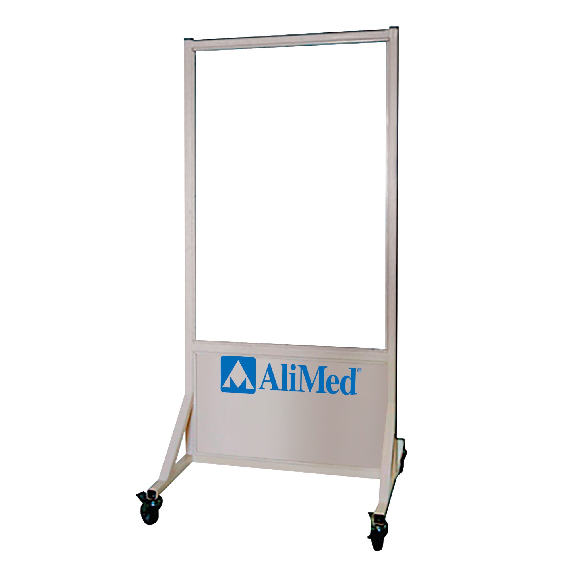AliMed Mobile Leaded Glass Barrier with frame and wheels, featuring a lower panel displaying the AliMed logo.