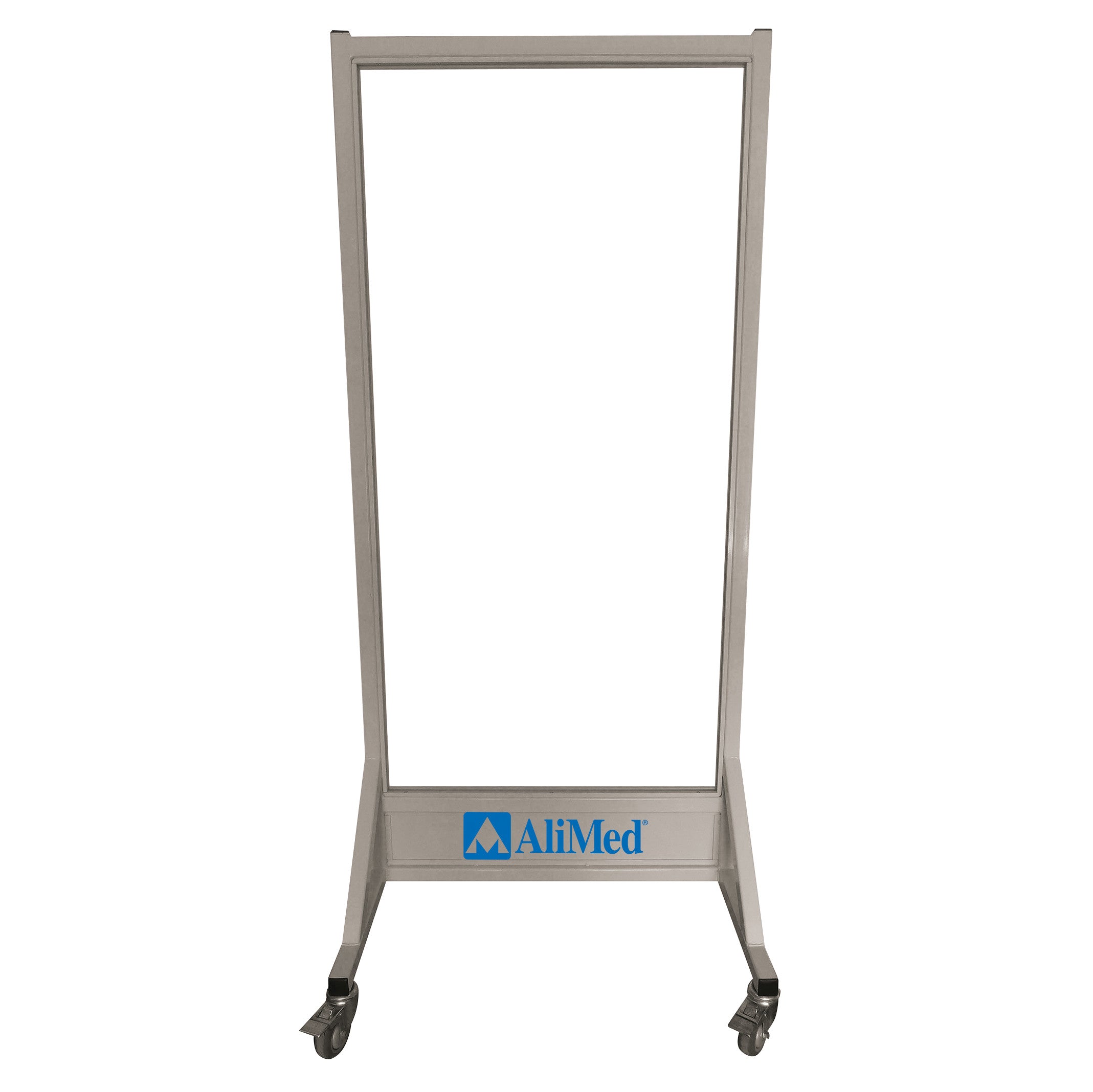 AliMed Mobile Leaded Glass Barrier, a transparent framed shield on wheels, used for safety in medical settings.