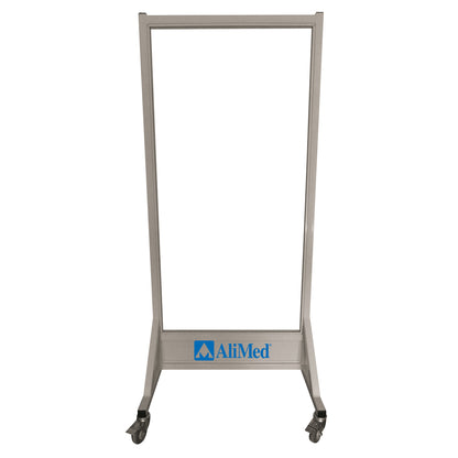 AliMed Mobile Leaded Glass Barrier, a transparent framed shield on wheels, used for safety in medical settings.