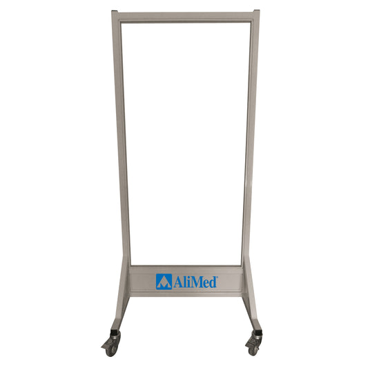 AliMed Mobile Leaded Glass Barrier, a transparent framed shield on wheels, used for safety in medical settings.