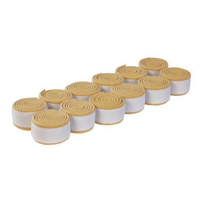 Several rolled AliMed AliStrap Soft Precut Patient Safety Straps with tan padding and white fastening strips arranged in two rows.