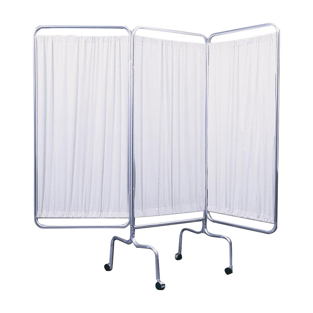 Brandt 3-Panel Privacy Screen with Casters in white, featuring three folding panels and a metal frame on wheels for mobility.