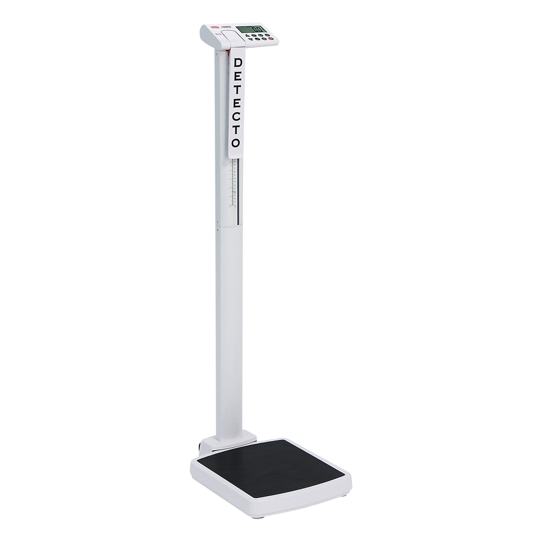 A DETECTO solo Digital Eye-Level Physician Scale with a digital display on a tall column and a black platform.