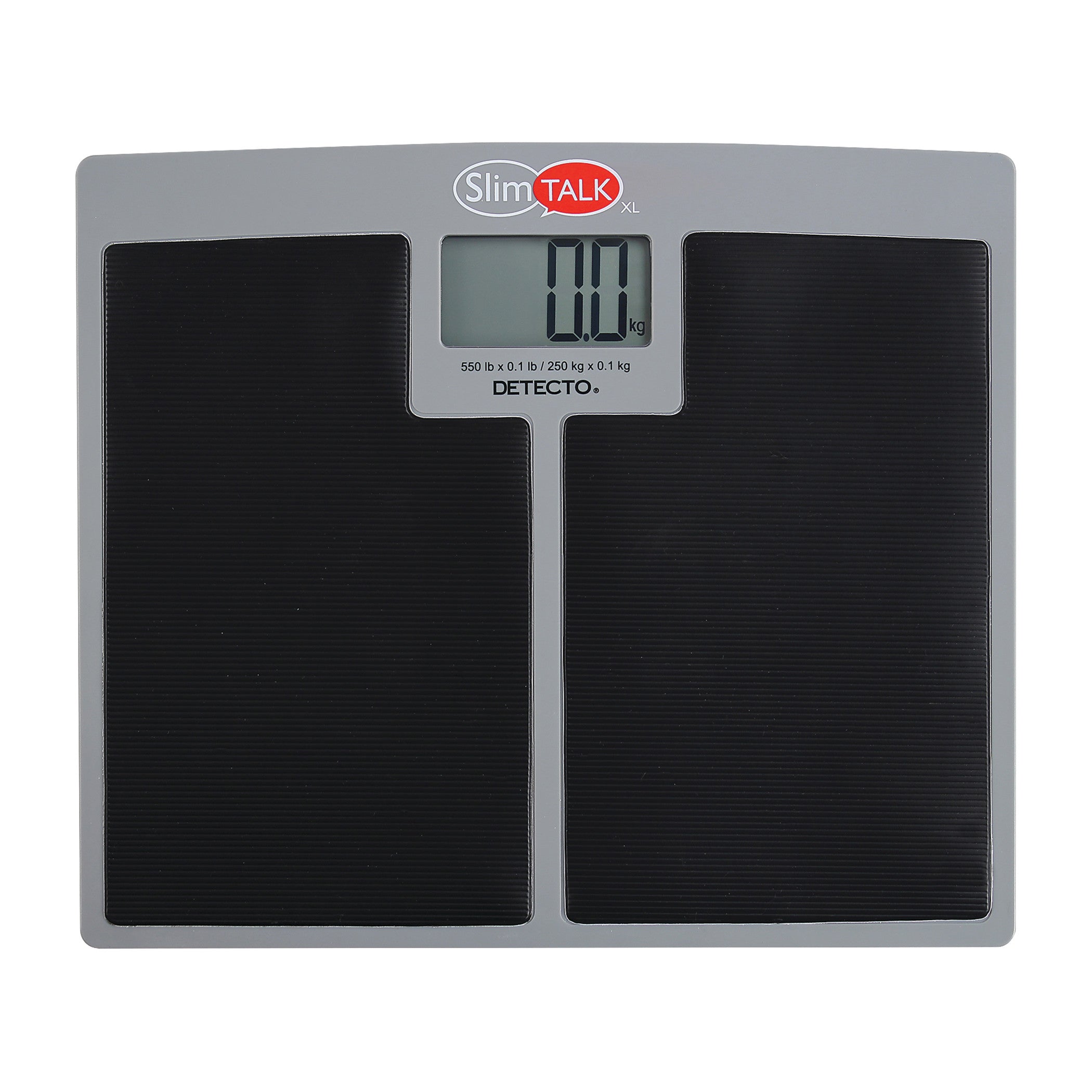 The DETECTO SlimTalk XL Bathroom Scale features a digital display, grey frame, and black surface, showing "0.0 kg" on screen.