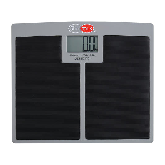 The DETECTO SlimTalk XL Bathroom Scale features a digital display, grey frame, and black surface, showing "0.0 kg" on screen.