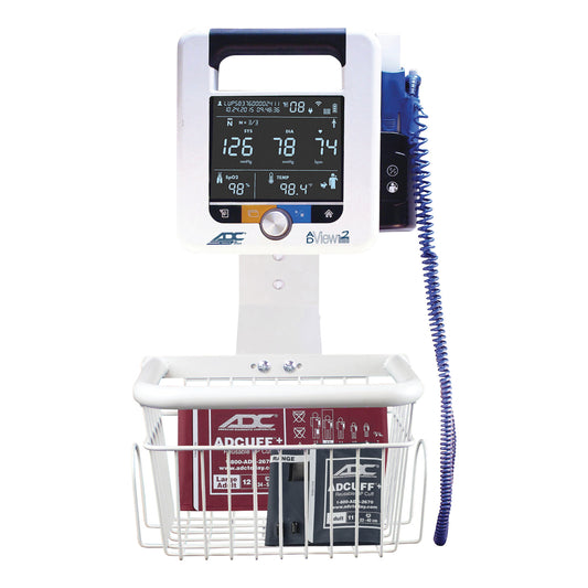 Wall Mount with Basket for ADC ADView 2 Modular Diagnostic Station. It features a digital screen and attached coiled tubing.