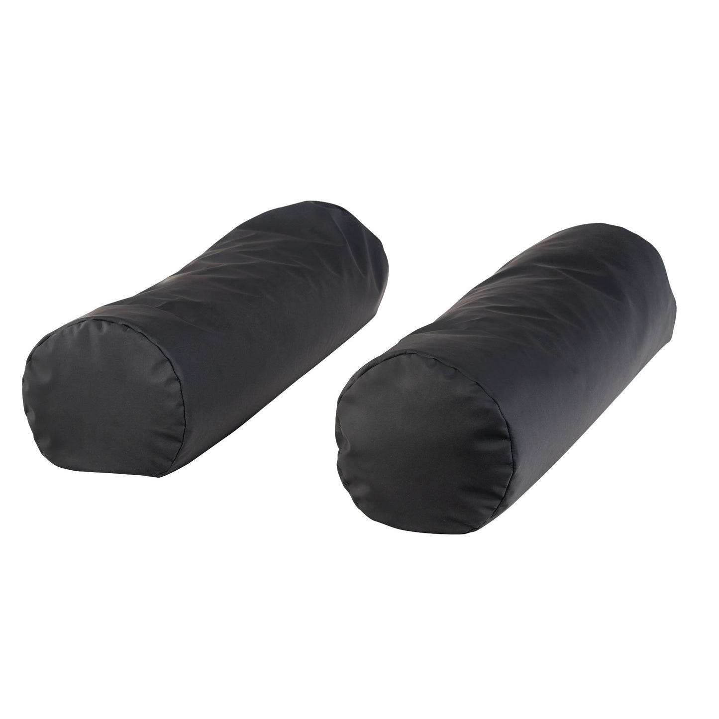 Two black AliMed ComPly Chest Roll Positioners lie side by side, cylindrical in shape, shown against a white background.