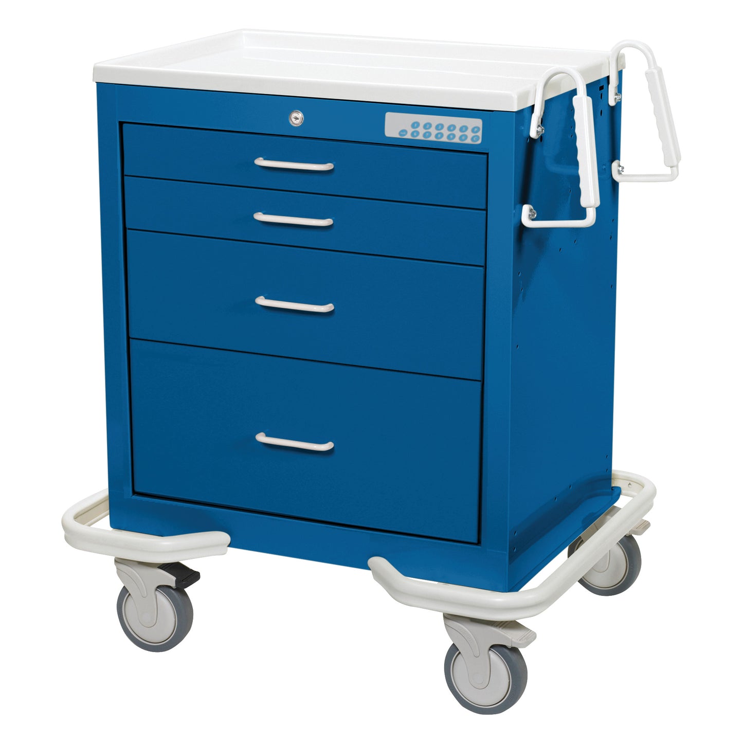 Blue AliMed Standard Series 4-Drawer Anesthesia/Procedure Cart with Electronic Lock, features white top, handles, and wheels.