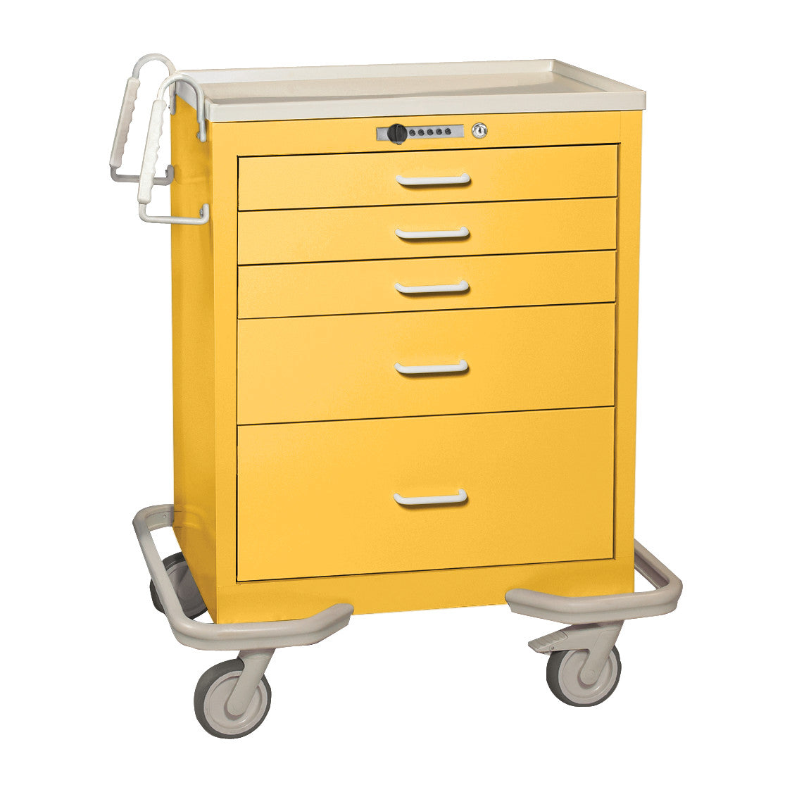 Yellow AliMed Standard Series 5-Drawer Anesthesia/Procedure Cart with Push-Button Lock, featuring wheels and a side handle.