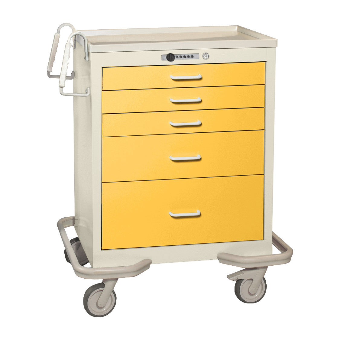 AliMed Standard Series 5-Drawer Anesthesia/Procedure Cart with Push-Button Lock. It has yellow drawers and swiveling wheels.