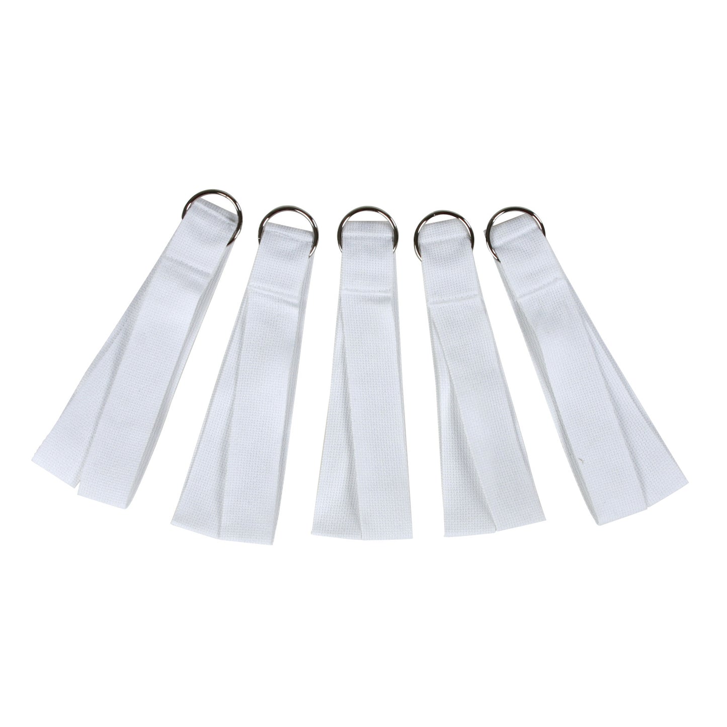 Five white "Replacement Straps for AliMed Lithotomy Holder" with metal rings are arranged vertically on a white background.