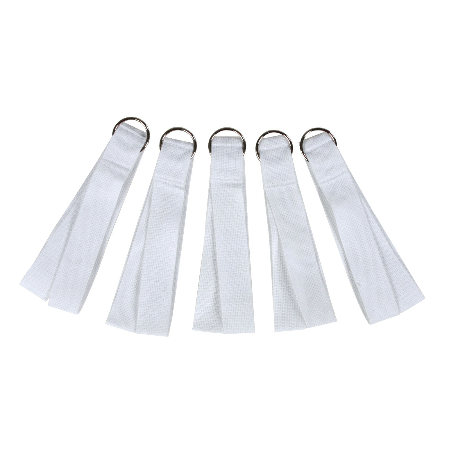 Five white "Replacement Straps for AliMed Lithotomy Holder" with metal rings are arranged vertically on a white background.