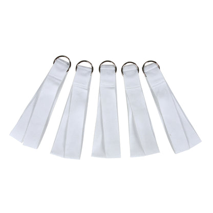 Five white "Replacement Straps for AliMed Lithotomy Holder" with metal rings are arranged vertically on a white background.