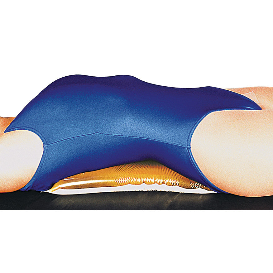 A person lies face down, using the AliMed AliGel Graduated Thoracic Positioner under their chest, wearing a blue garment.