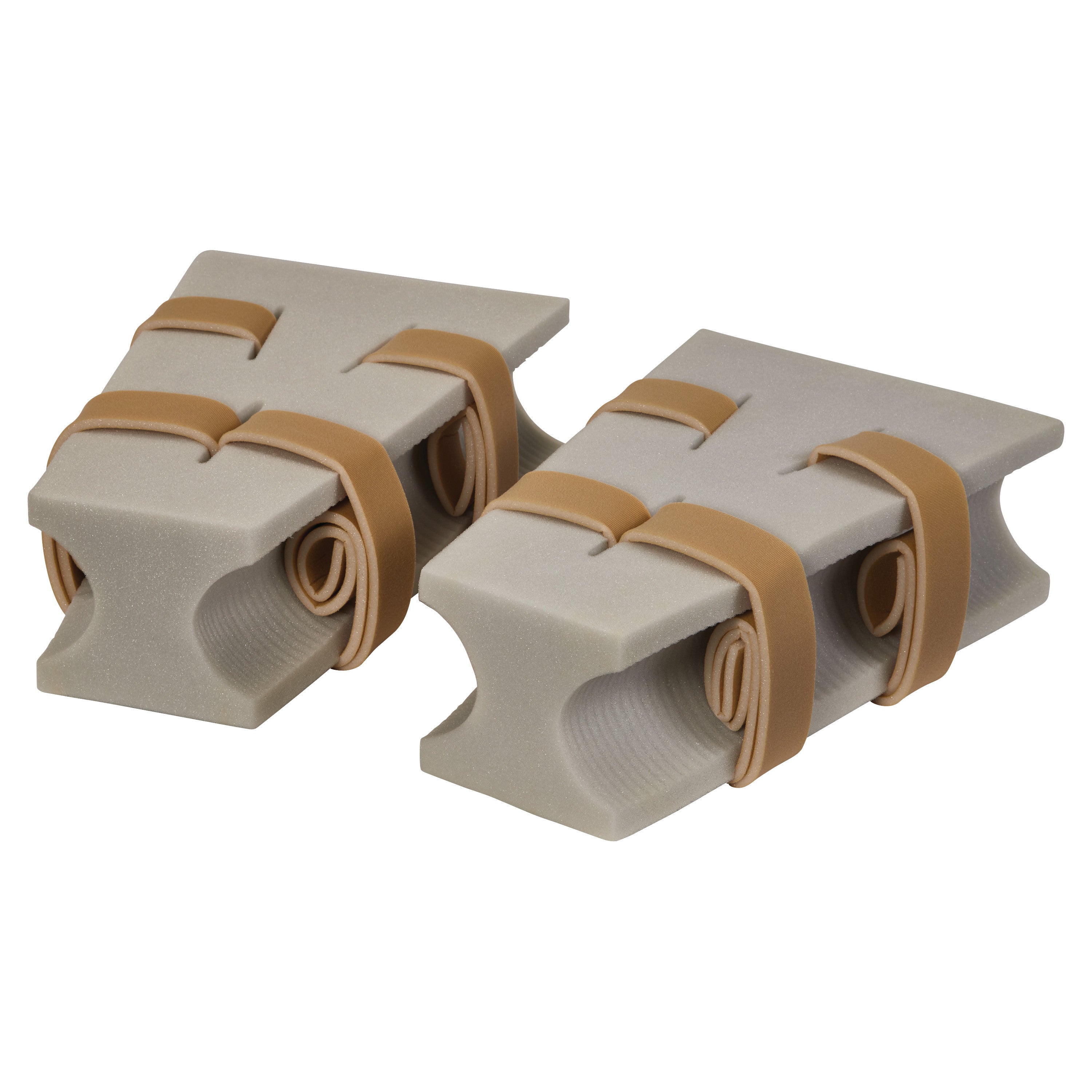 Two AliMed Abduction Pillows with gray foam and brown straps, designed for leg positioning and support.