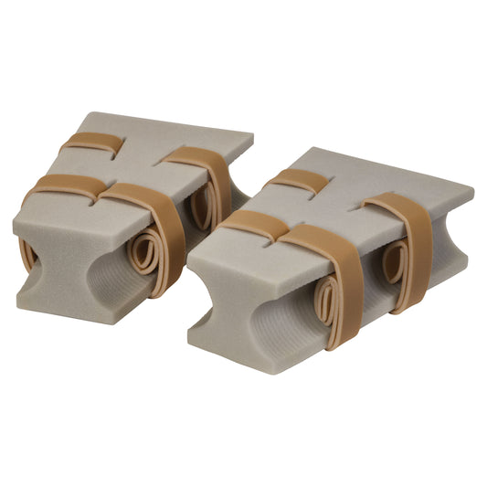 Two AliMed Abduction Pillows with gray foam and brown straps, designed for leg positioning and support.