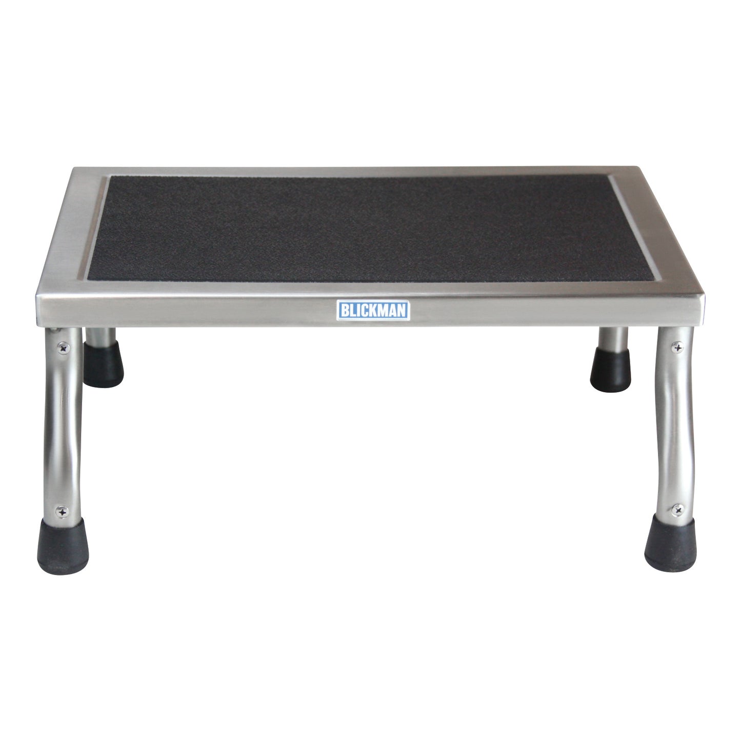 The Blickman MR-Conditional Kent Footstool is a stainless steel footstool with a black non-slip surface, supported by four sturdy legs.