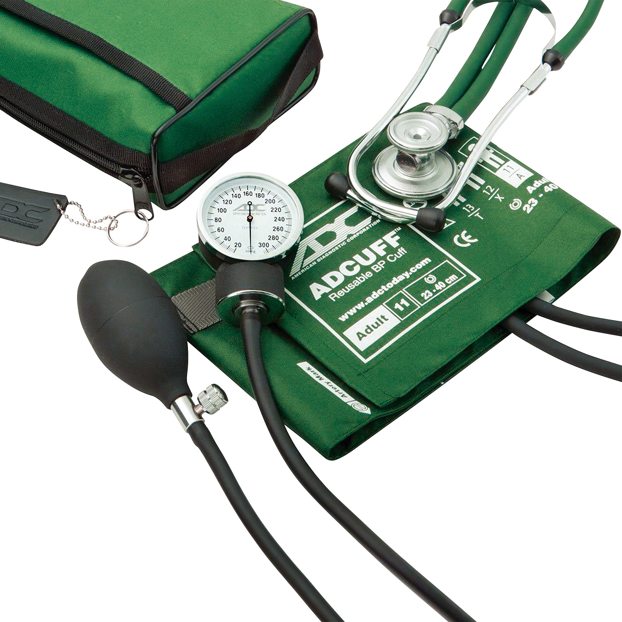 ADC Pro's Combo II SR Pocket Aneroid/Sprague Kit with a green blood pressure cuff, aneroid gauge, stethoscope, and carry case.