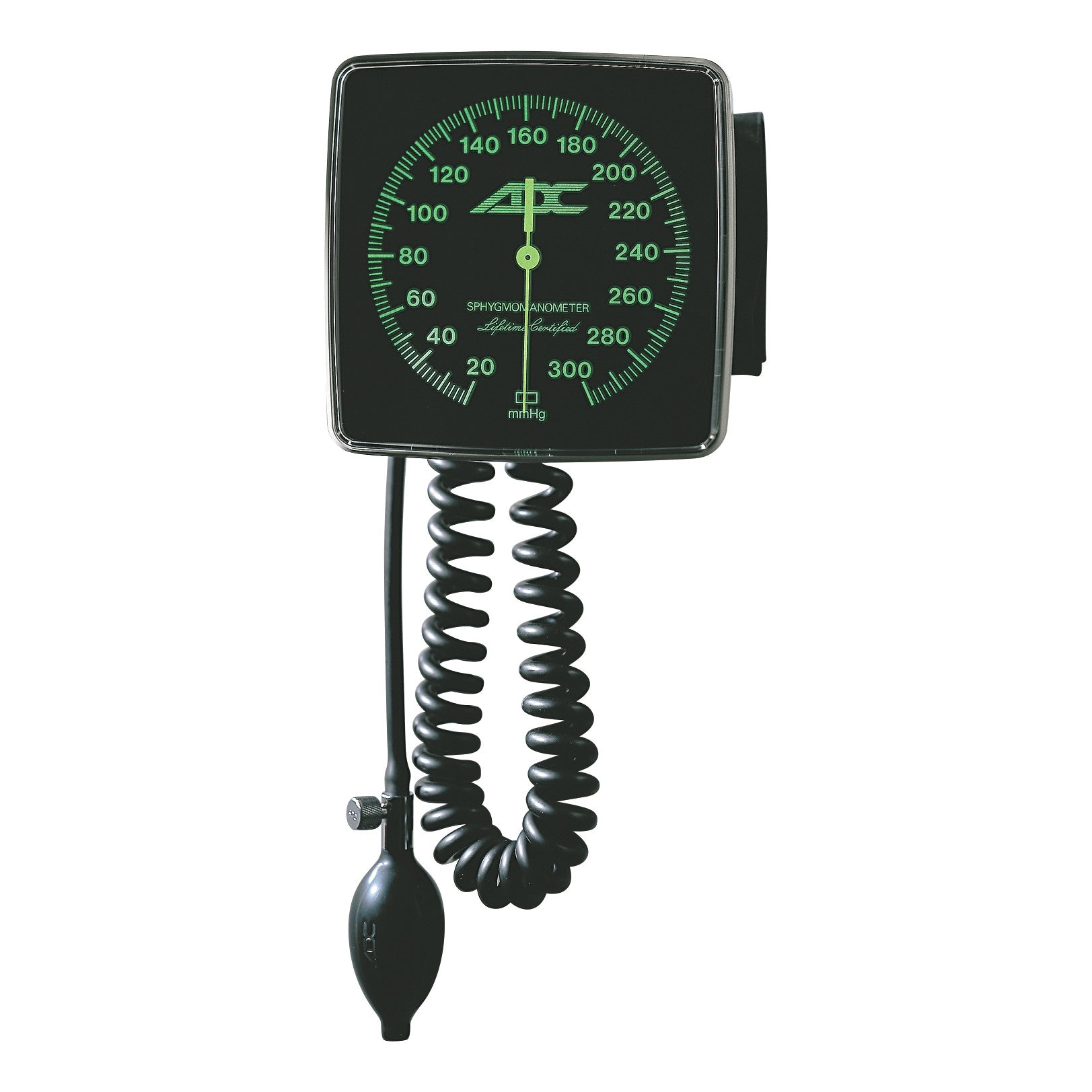 The ADC Diagnostix 750W Wall Aneroid Sphygmomanometer features a square gauge with green numbers and a coiled inflation bulb.